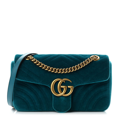 Gucci Velvet Matelasse Small GG Marmont Shoulder Bag Pavone Cyan 1 of 10