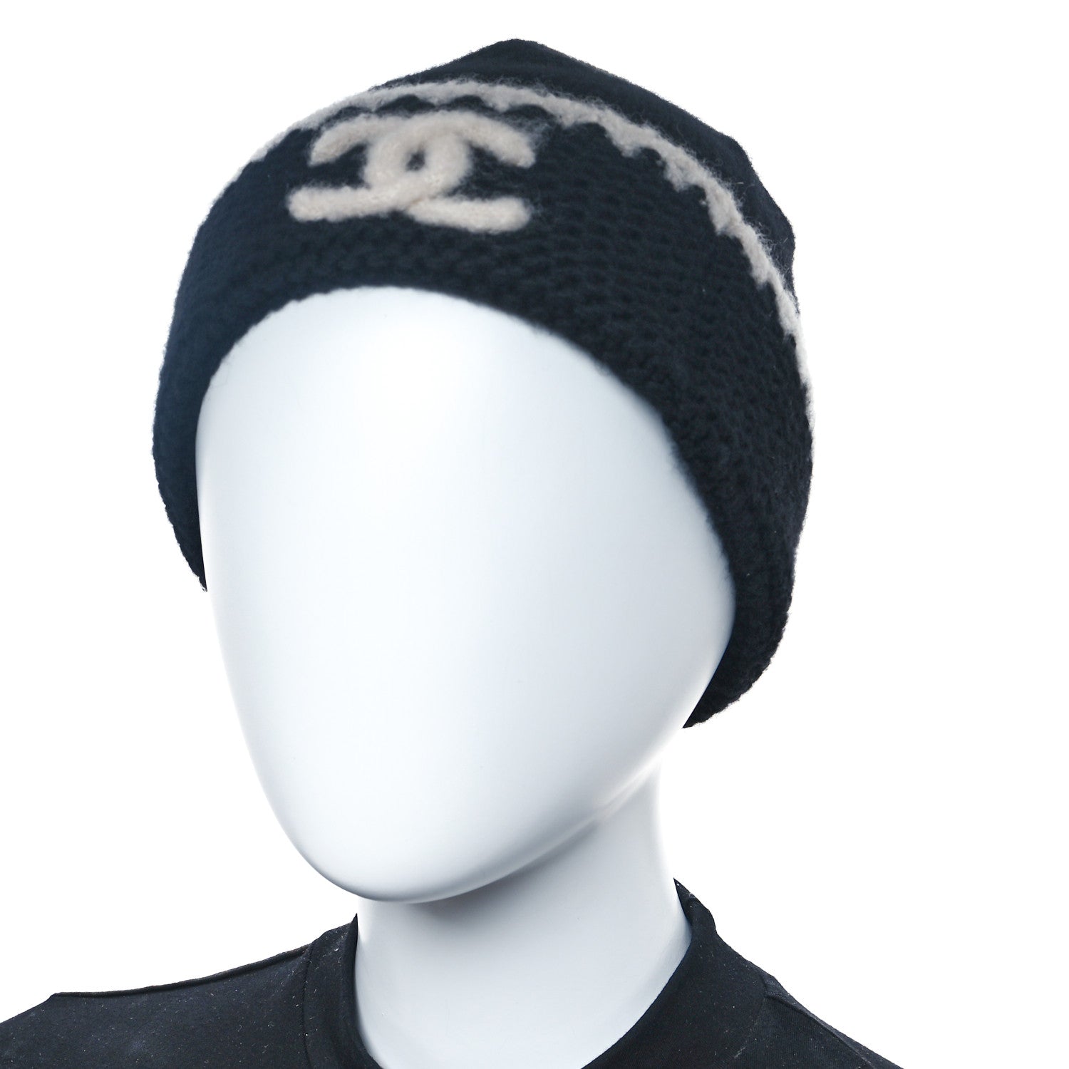Chanel Cashmere Wool CC Beanie Hat Black Light Beige 2 of 5