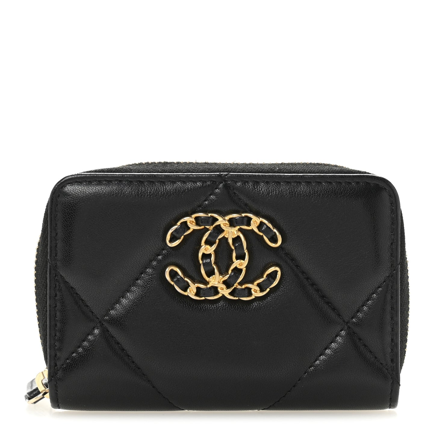 Lambskin Quilted Chanel 19 Zip Around Coin Purse Wallet Black