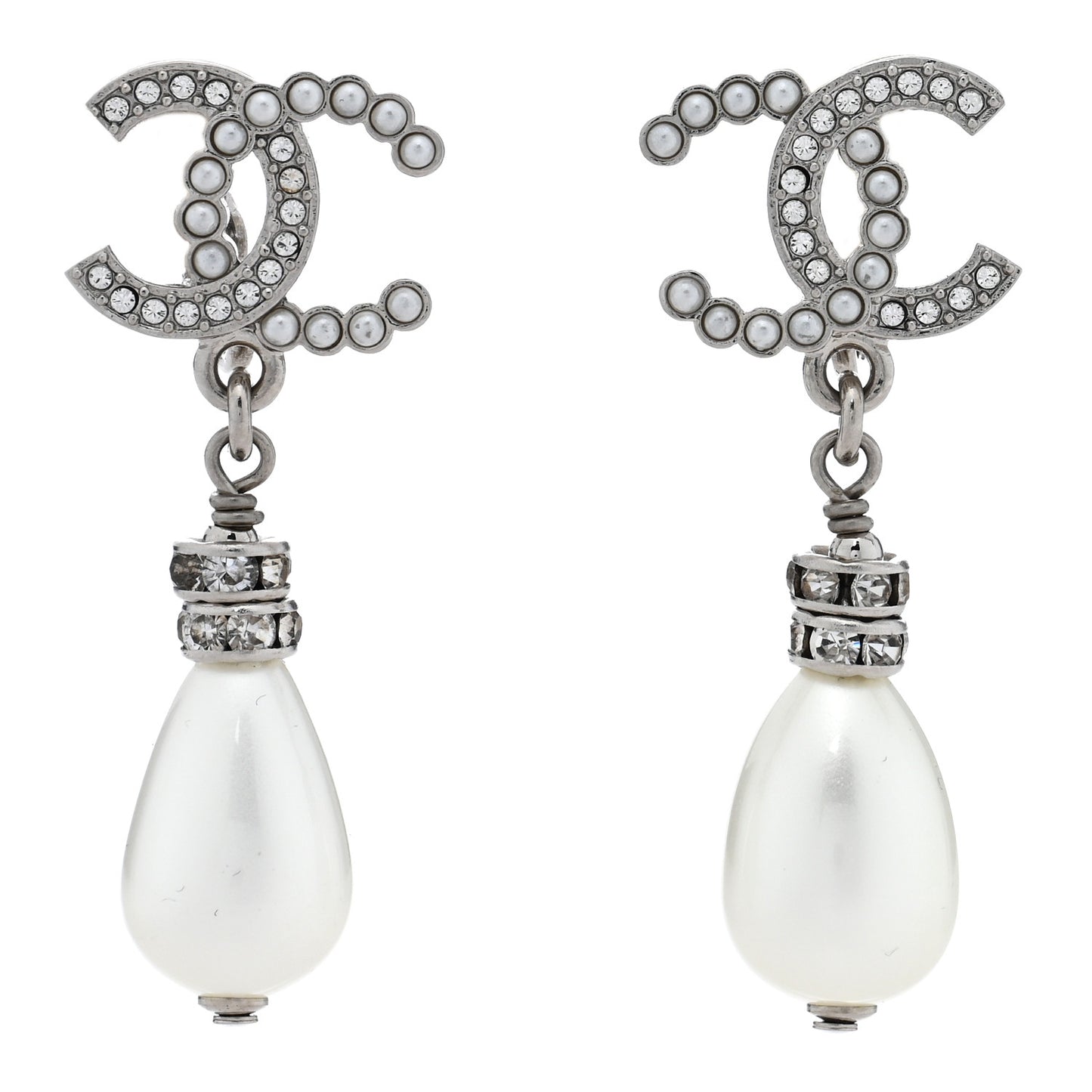 Pearl Crystal CC Drop Clip On Earrings Silver Pearly White