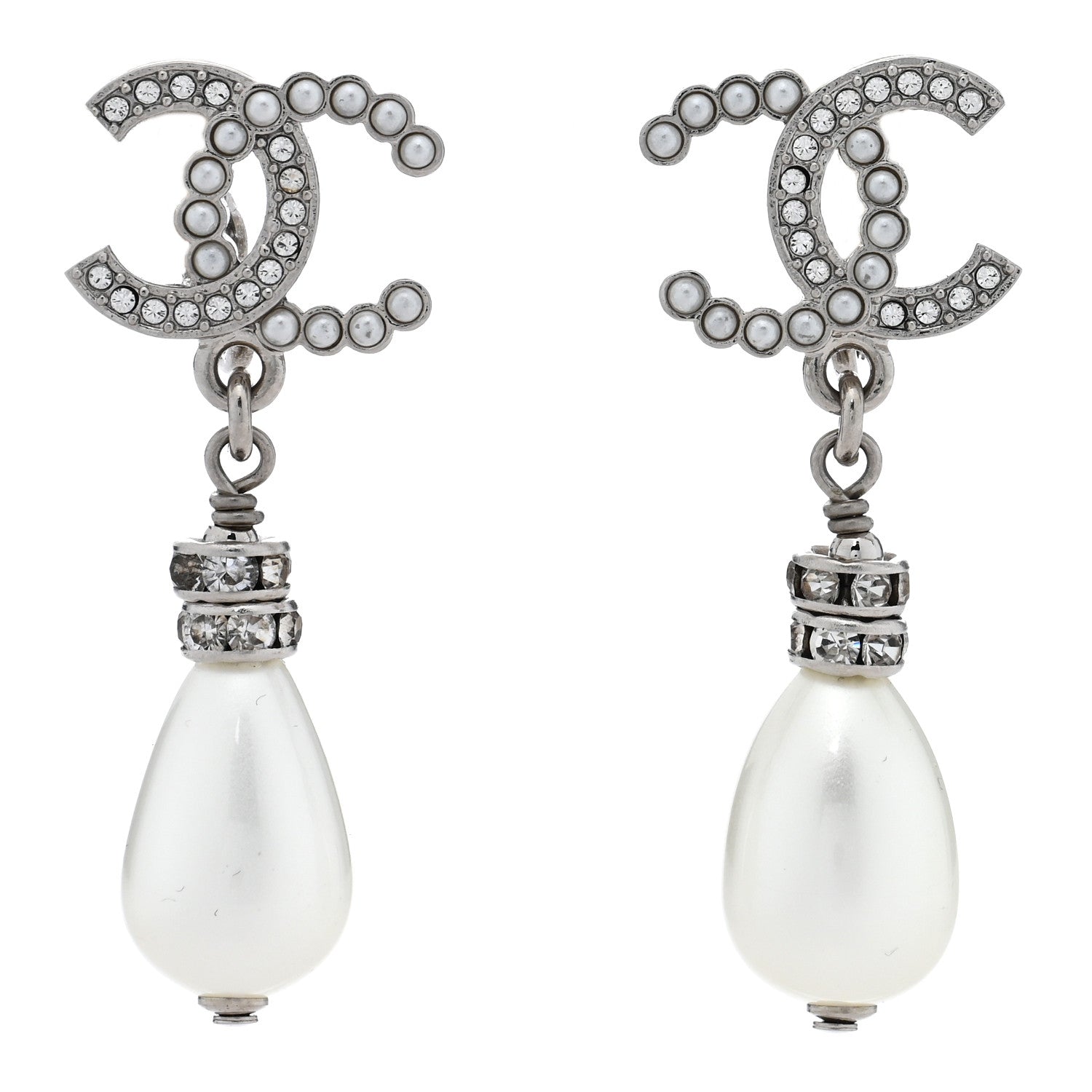 Chanel Pearl Crystal CC Drop Clip On Earrings Silver Pearly White 1 of 5
