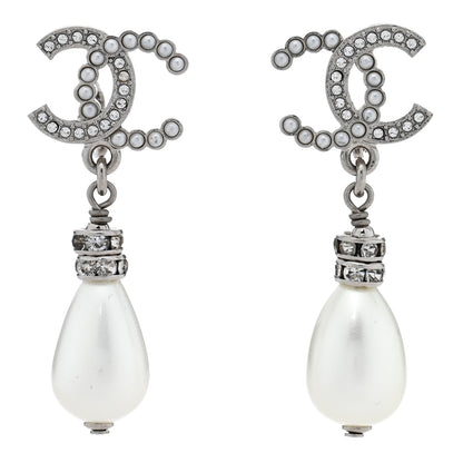 Chanel Pearl Crystal CC Drop Clip On Earrings Silver Pearly White 1 of 5