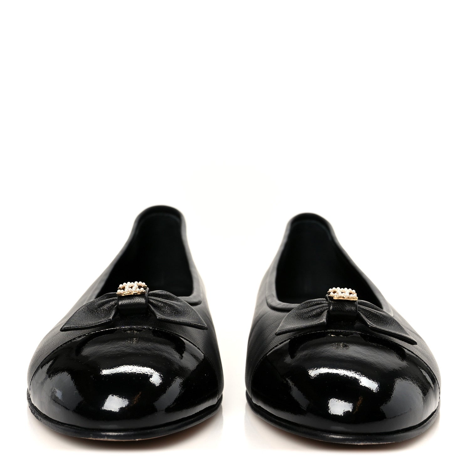 Chanel Lambskin Patent Cap Toe Pearl CC Ballerina Flats 40 Black 3 of 9