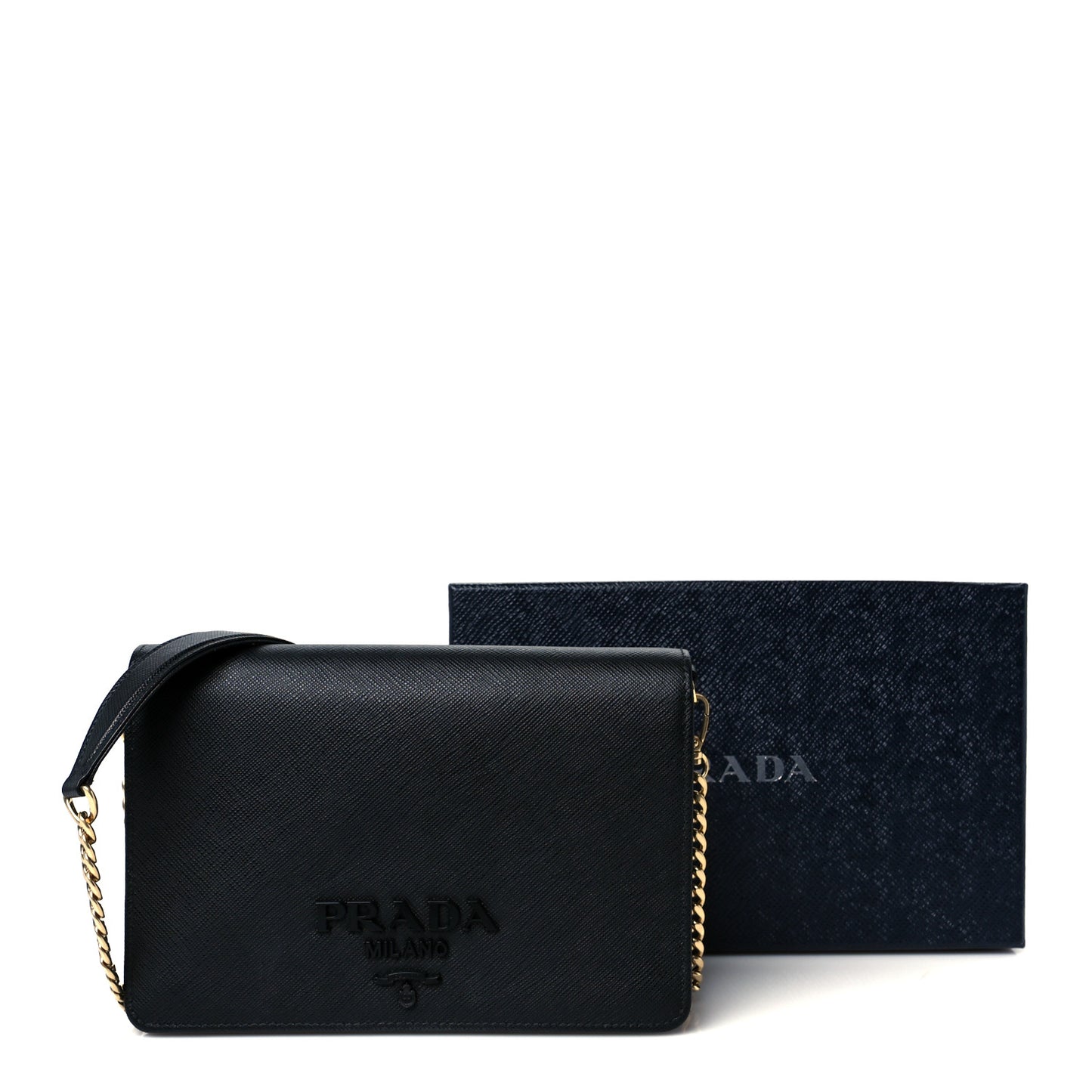Saffiano Lux Metal Logo Monochrome Mini Flap Chain Shoulder Bag Black