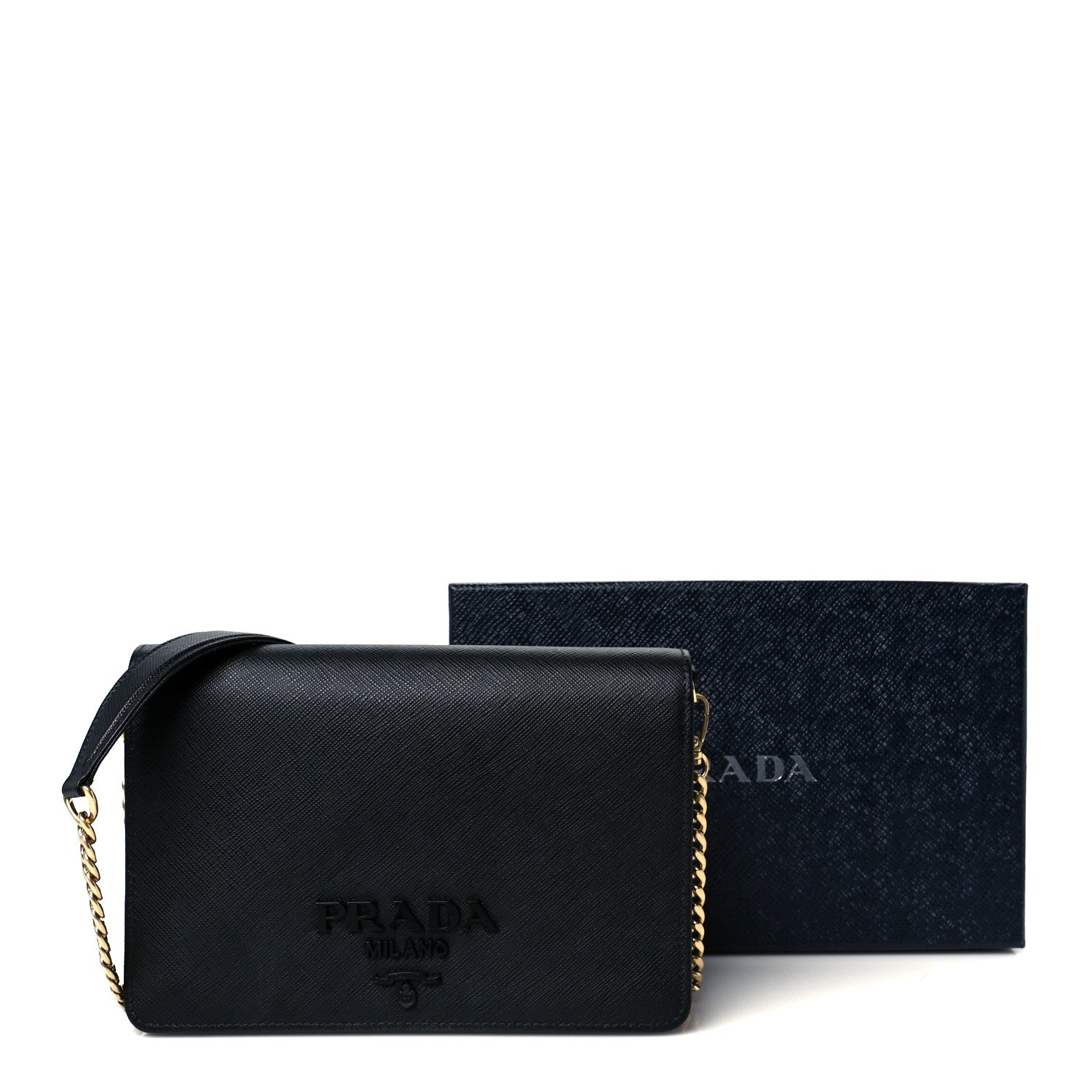 Prada Saffiano Lux Metal Logo Monochrome Mini Flap Chain Shoulder Bag Black 11 of 11