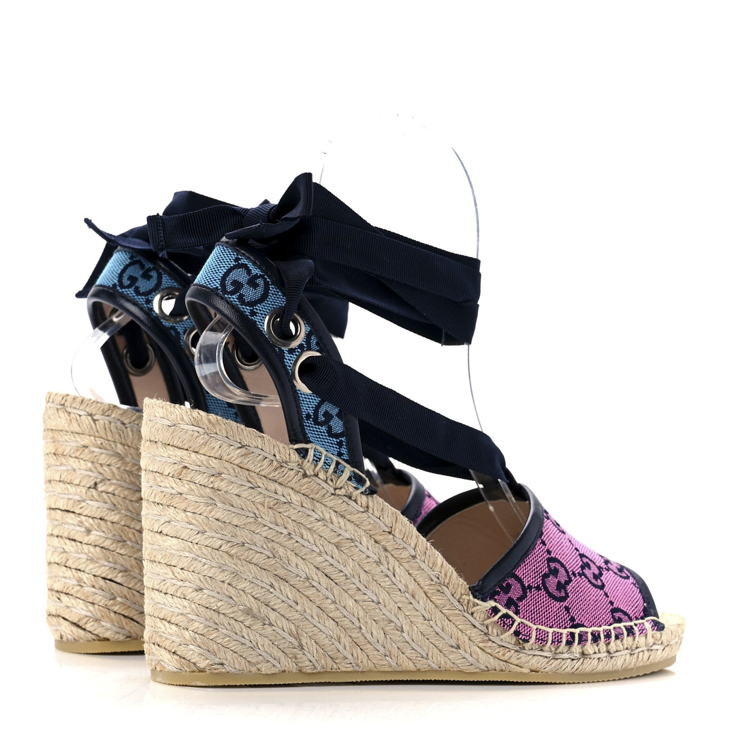 Monogram Multicolor Ankle Wrap Espadrille Wedge Sandals 37.5 Pink Blue