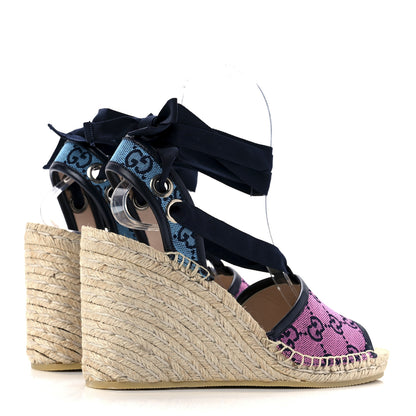 Gucci Monogram Multicolor Ankle Wrap Espadrille Wedge Sandals 37.5 Pink Blue 4 of 8
