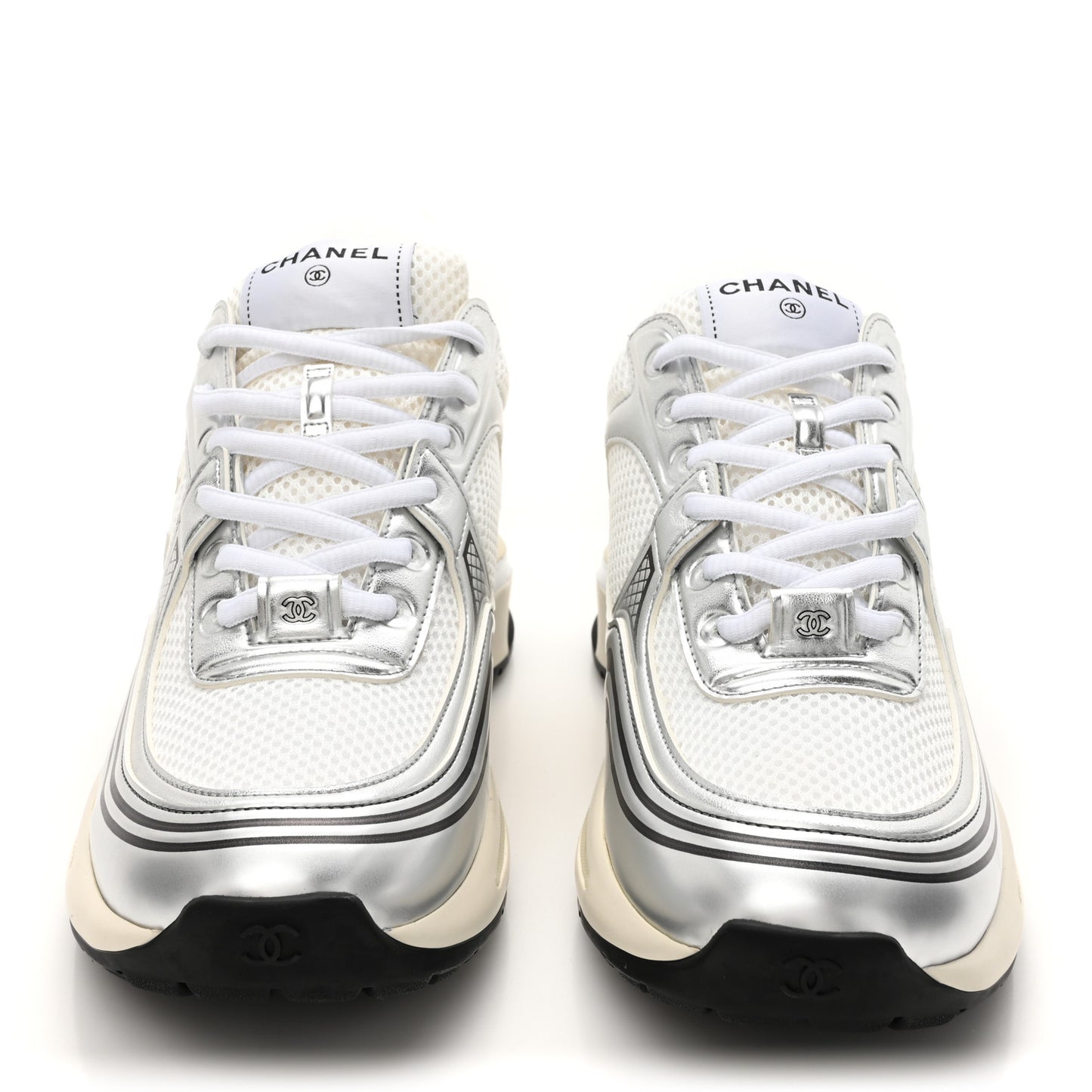 Fabric Laminated Calfskin Stretch CC Womens Sneakers 40 White Silver