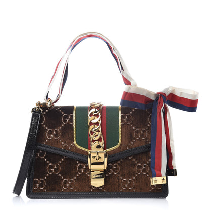 Gucci Velvet GG Monogram Web Small Sylvie Shoulder Bag Brown Black Oro Vecchio 1 of 7