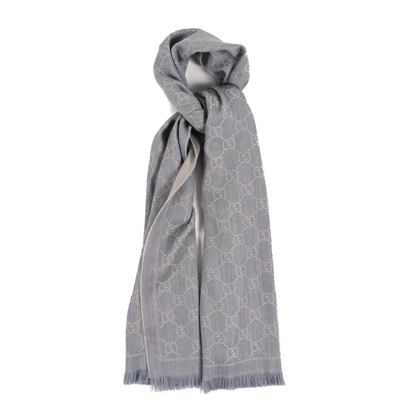 Wool Jacquard GG Monogram Sten Fringe Scarf Zinc Light Grey