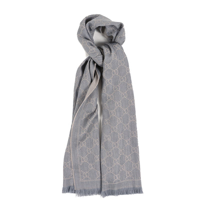 Gucci Wool Jacquard GG Monogram Sten Fringe Scarf Zinc Light Grey 1 of 3