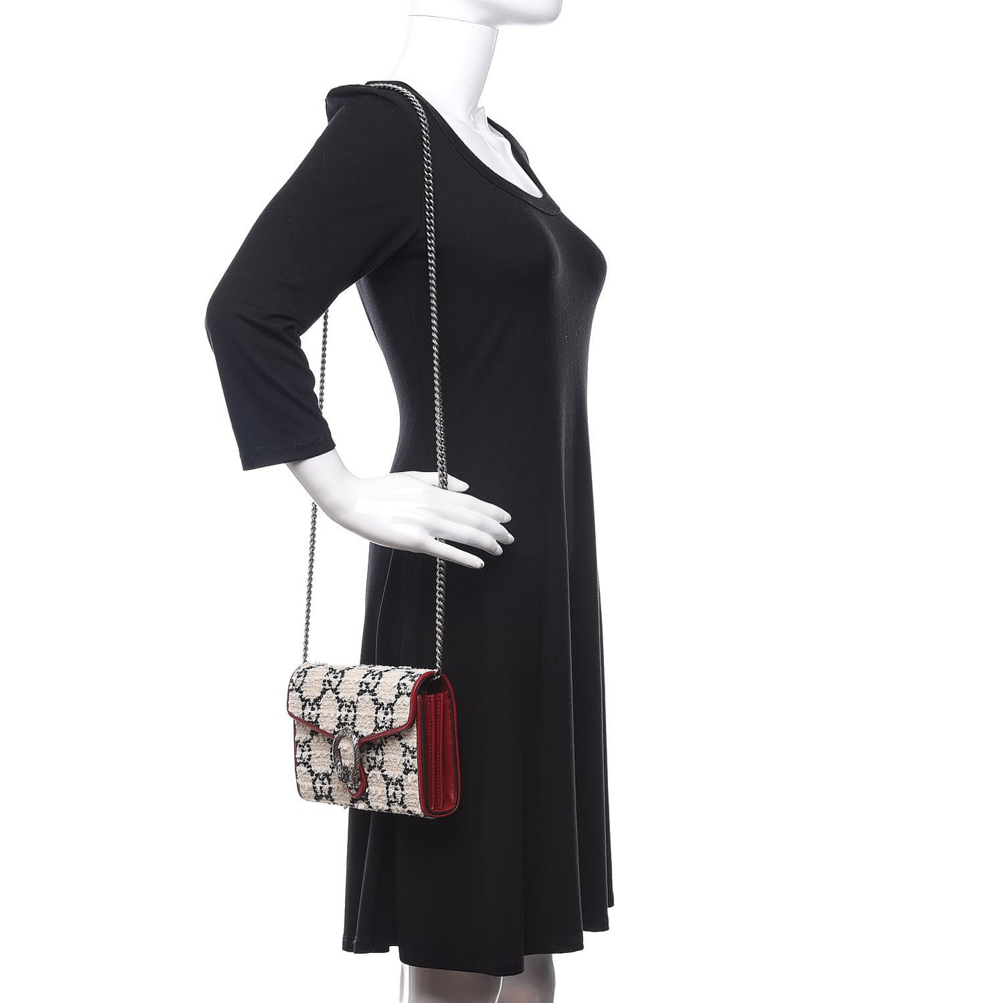 Tweed GG Monogram Mini Dionysus Chain Wallet White Black Romantic Cherry