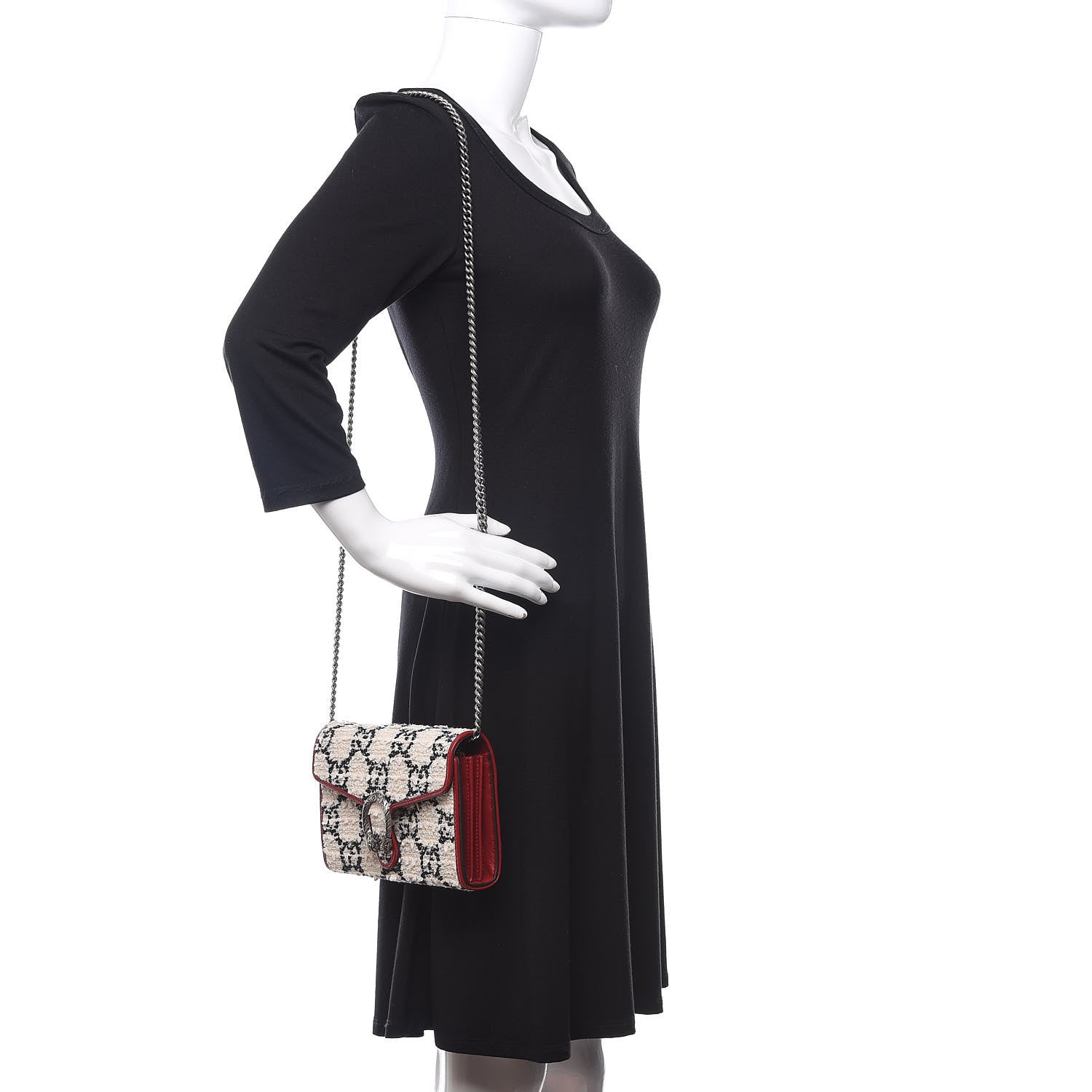 Gucci Tweed GG Monogram Mini Dionysus Chain Wallet White Black Romantic Cherry 2 of 11