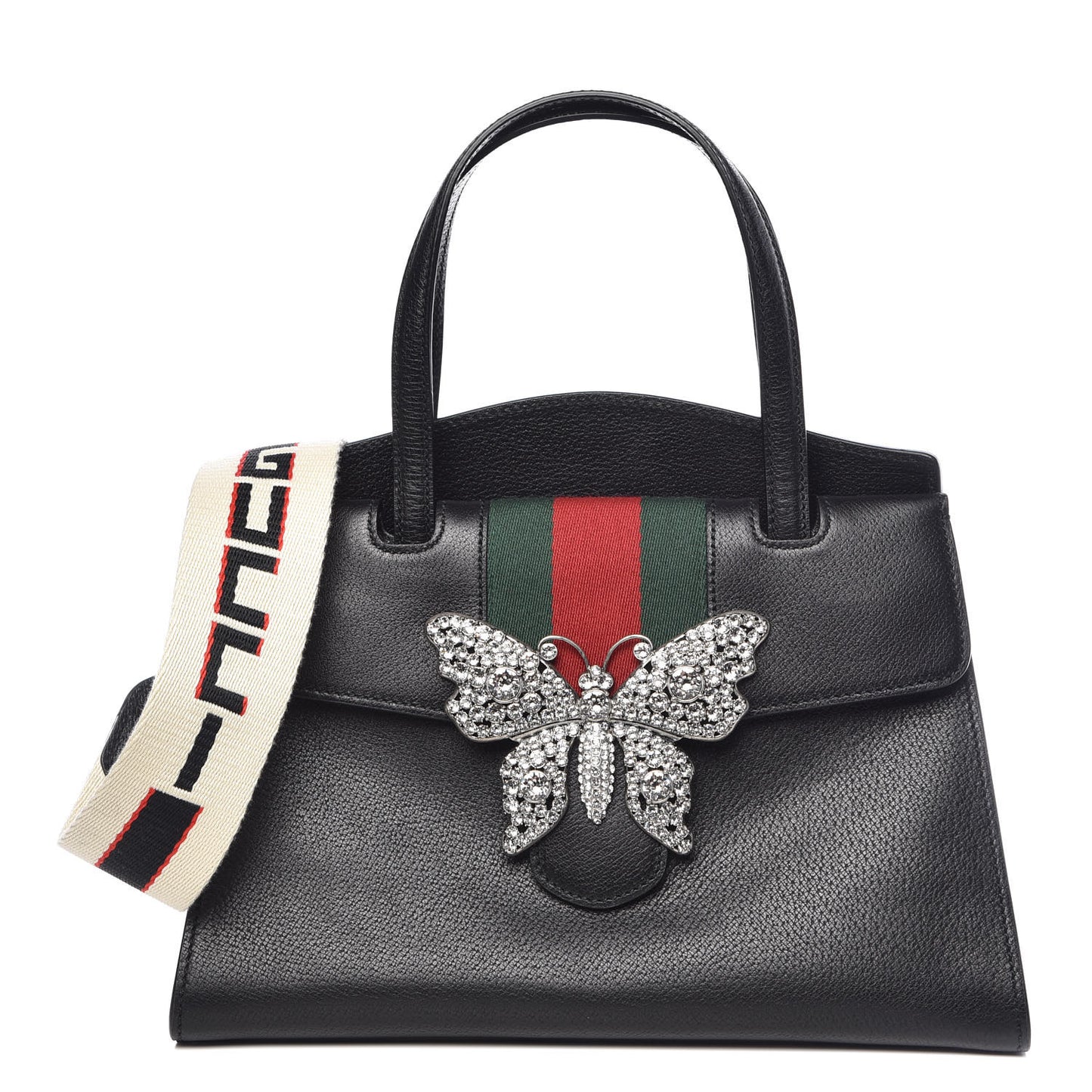 Grained Calfskin Web Crystal Butterfly Stripe Medium Totem Top Handle Bag Black