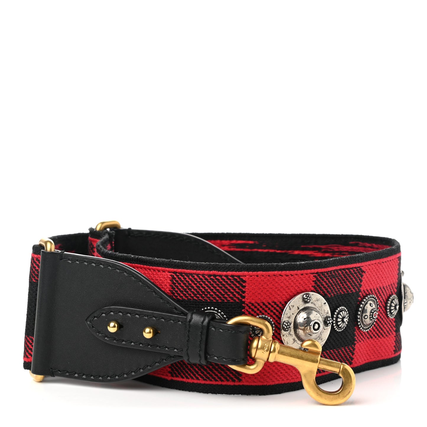 Canvas Embroidered Studded Checkered Embroidered Shoulder Strap Red Black