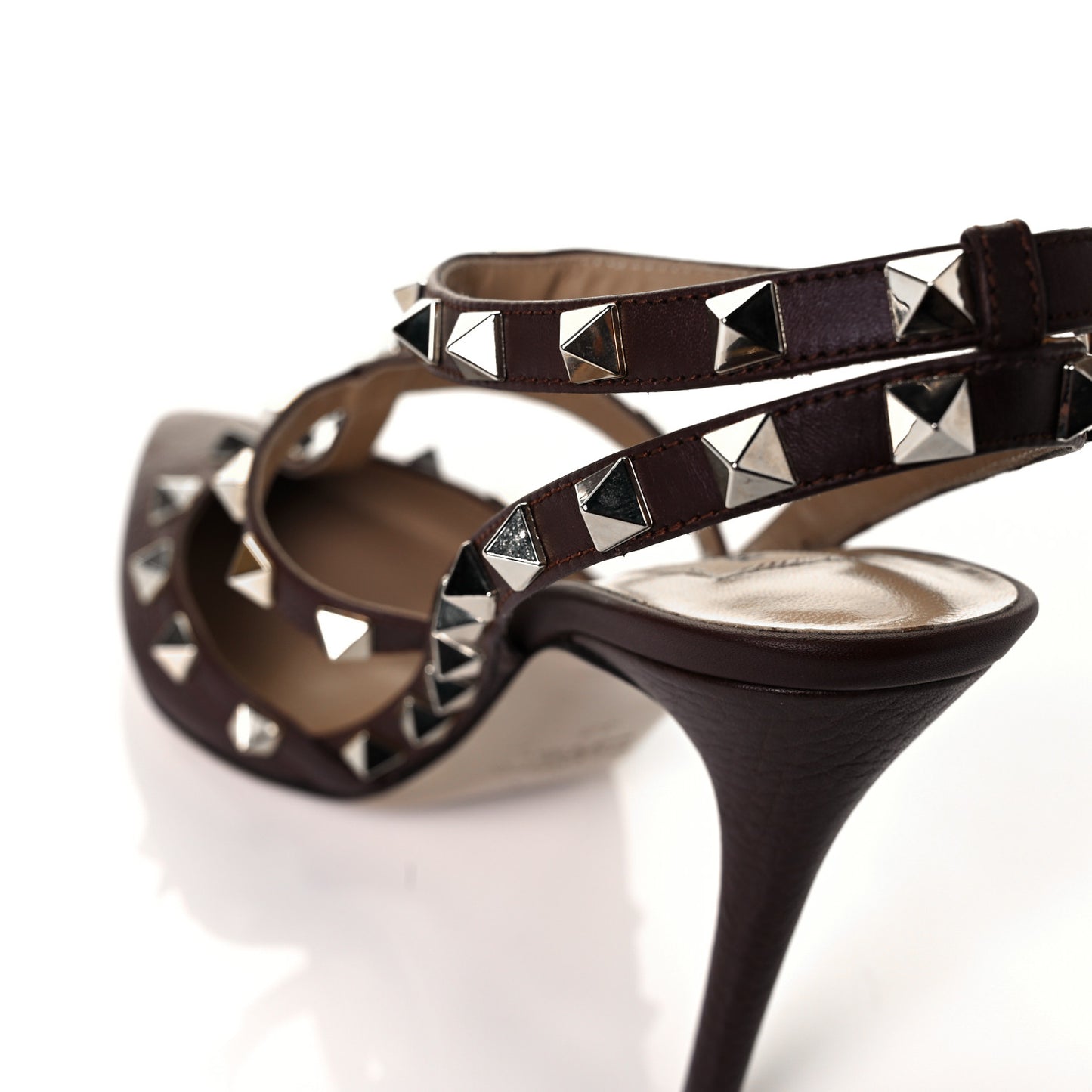 Pebbled Calfskin Rockstud Ankle Strap Pumps 37 Chocolate