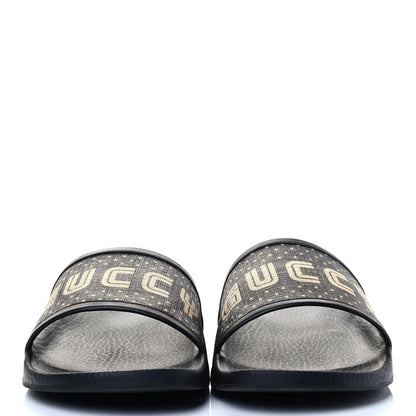 Gucci X SEGA Supreme Canvas GUCCY Stars Womens Slide Sandals 41 Black Gold 2 of 6