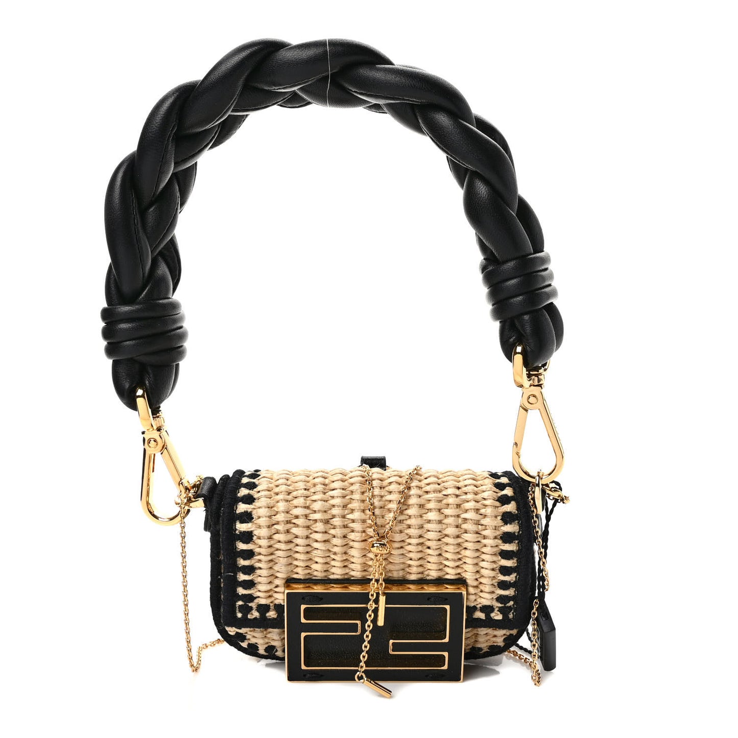 Straw Shiny Nappa Woven Nano Baguette Maxi Handle Charm Natural Black