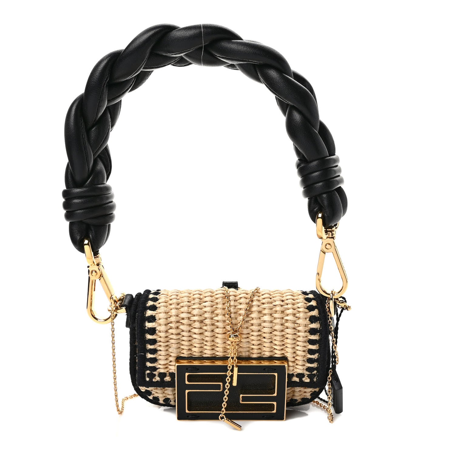 Fendi Straw Shiny Nappa Woven Nano Baguette Maxi Handle Charm Natural Black 1 of 10