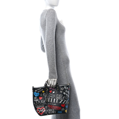 Dolce & Gabbana DOLCE GABBANA Calfskin Graffiti Printed Beatrice Tote  Black 3 of 10