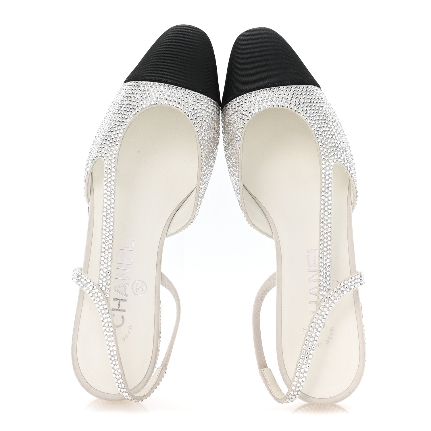 Chanel Strass Grosgrain Cap Toe CC Slingback Flats 36.5 Silver Black 2 of 8