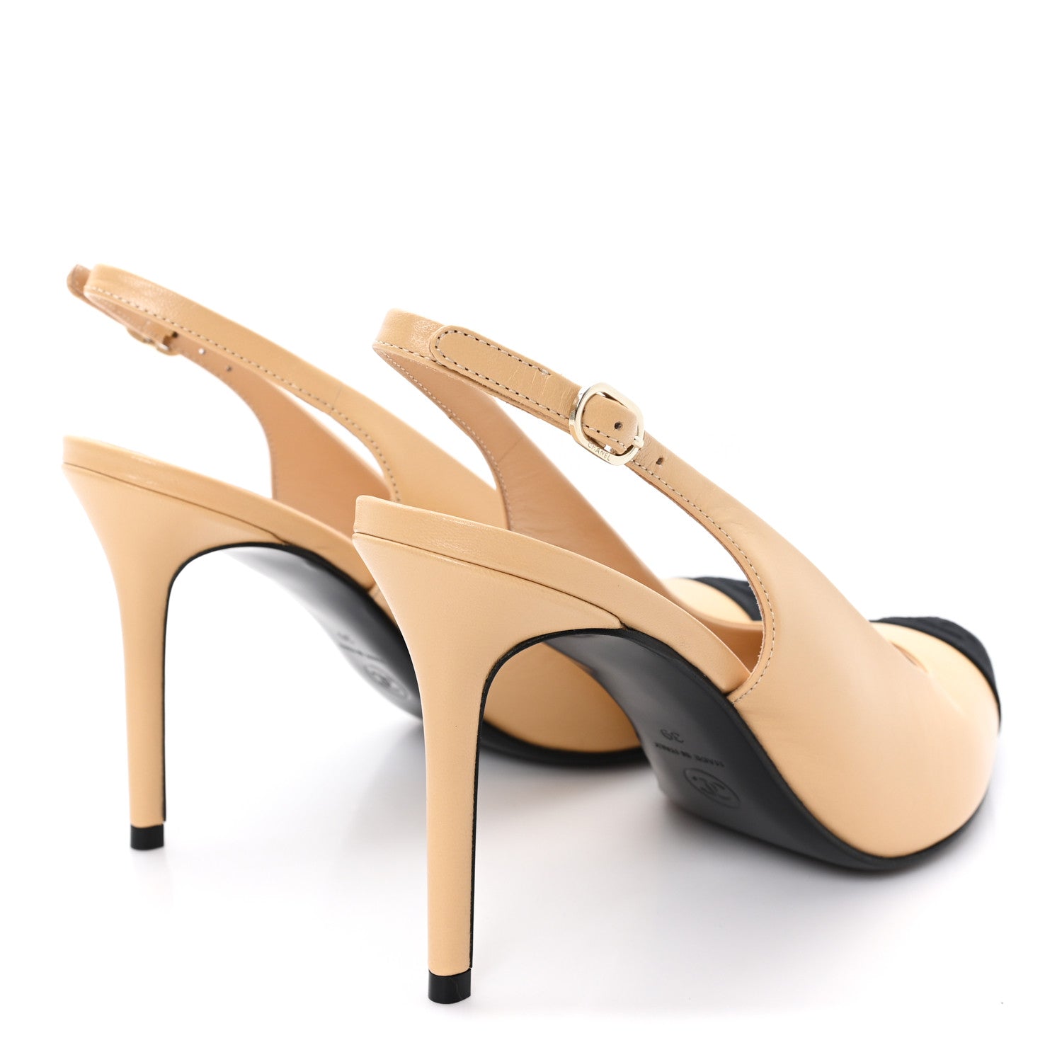 Chanel Goatskin Grosgrain Pointed Cap Toe CC Slingback Pumps 39 Beige Black 5 of 10