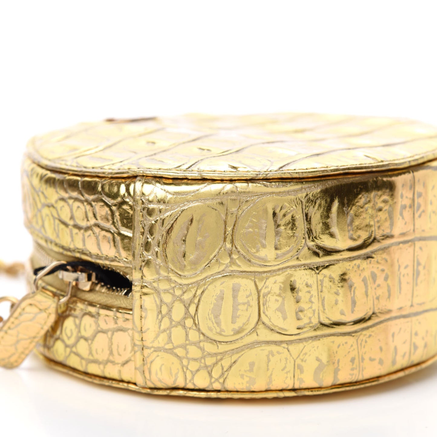 Metallic Calfskin Crocodile Embossed Cocodile Round Clutch with Chain Gold