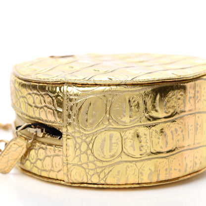 Chanel Metallic Calfskin Crocodile Embossed Cocodile Round Clutch with Chain Gold 6 of 11