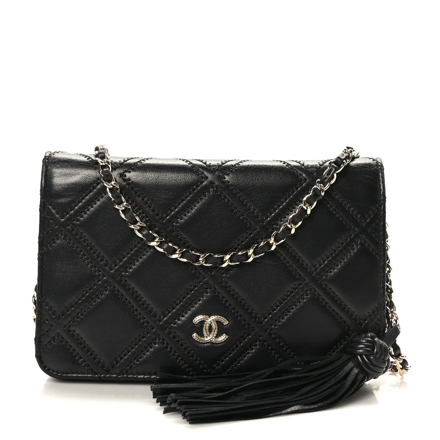 Lambskin Quilted Double Stitch Tassel Wallet On Chain WOC Black