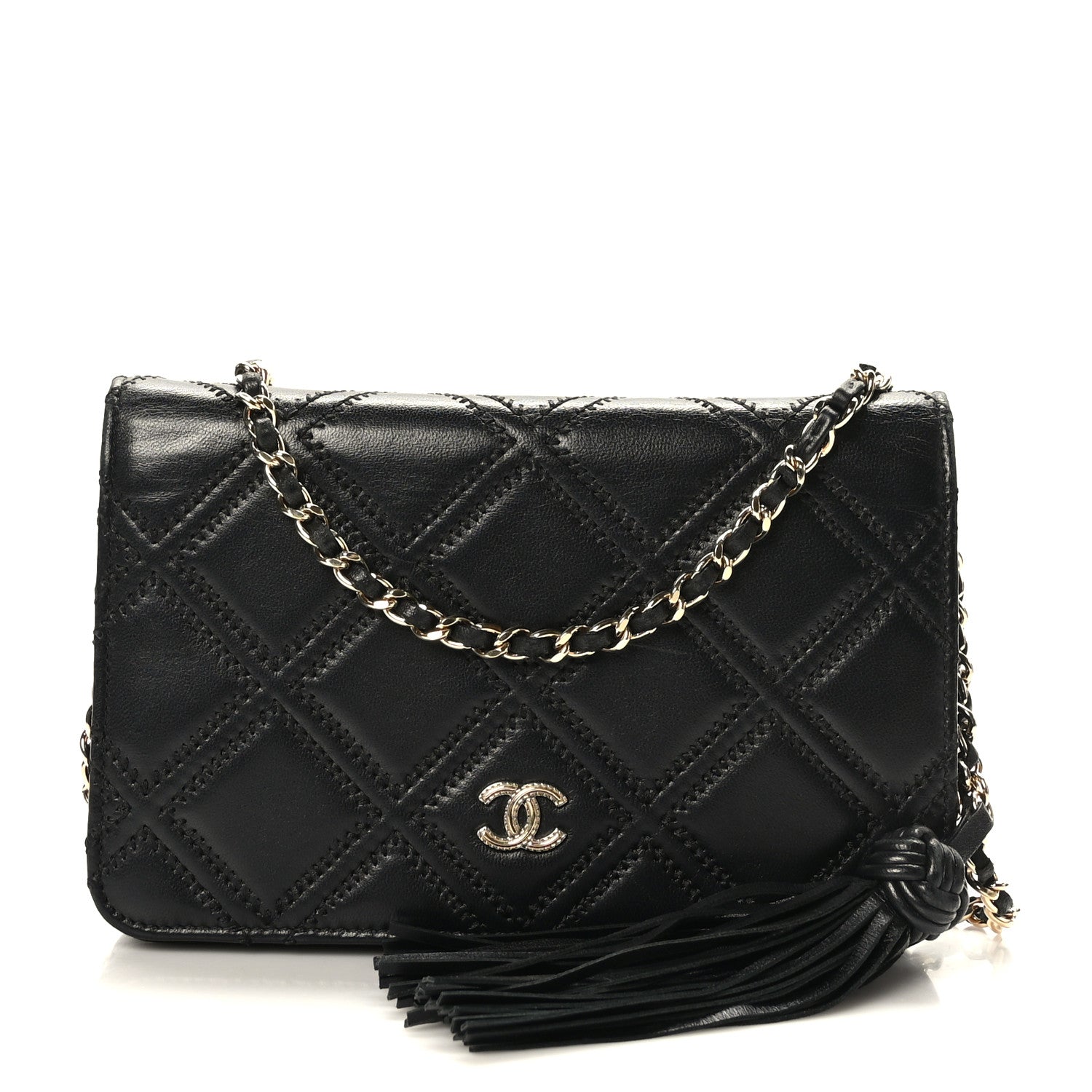 Chanel Lambskin Quilted Double Stitch Tassel Wallet On Chain WOC Black 1 of 10