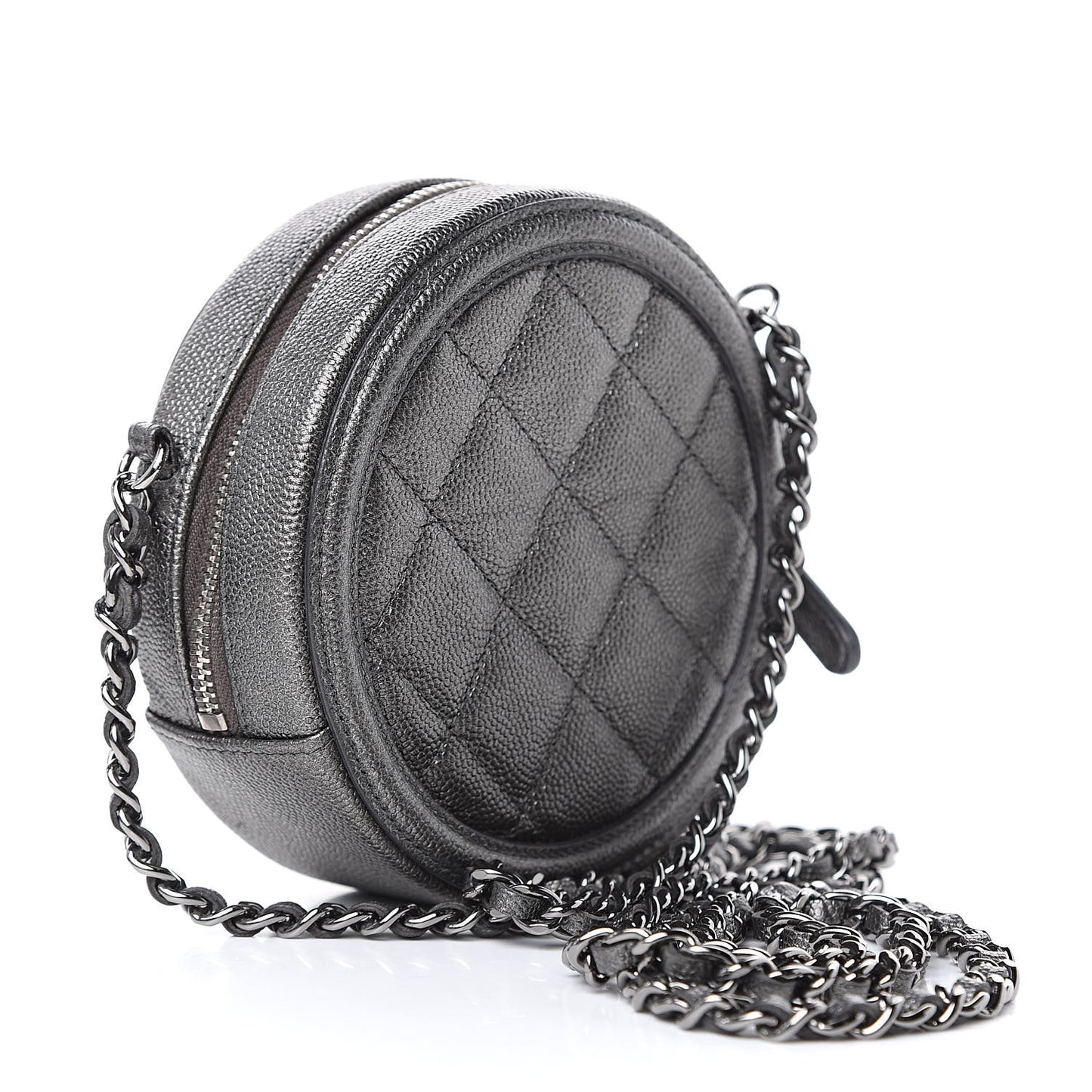 Metallic Caviar Quilted Round Filigree Crossbody Dark Silver
