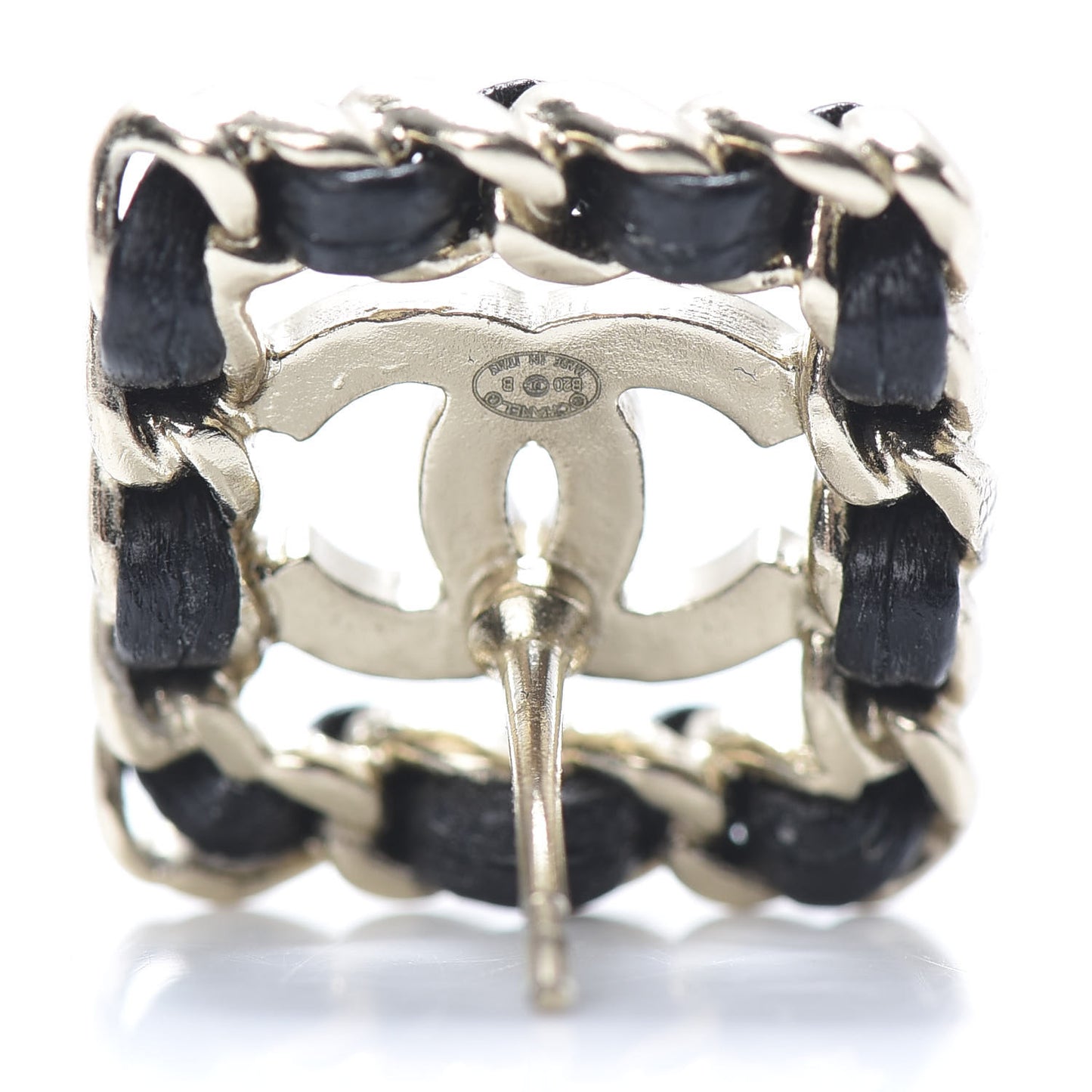 Crystal Lambskin Chain Sergeant Chanel Stud Earrings Black Gold