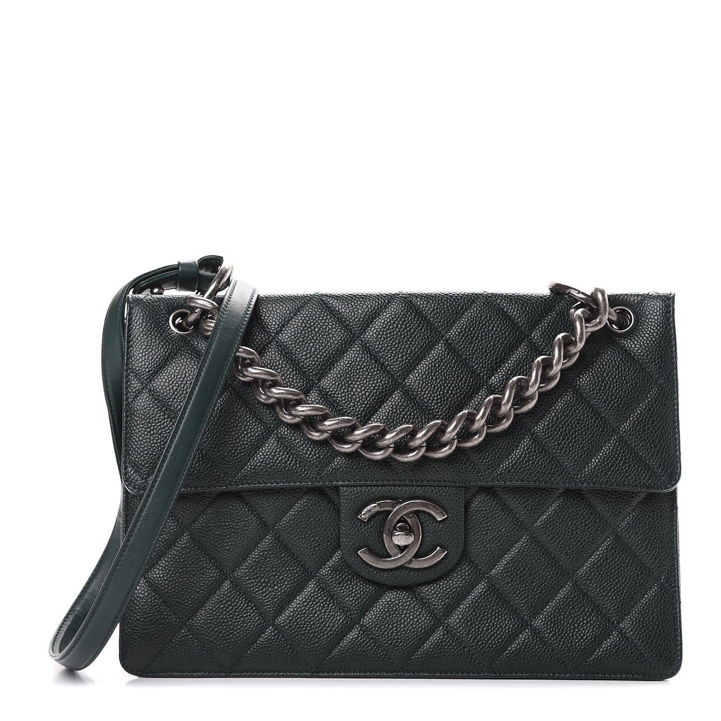 Caviar Quilted Large Retro Class Flap Dark Green