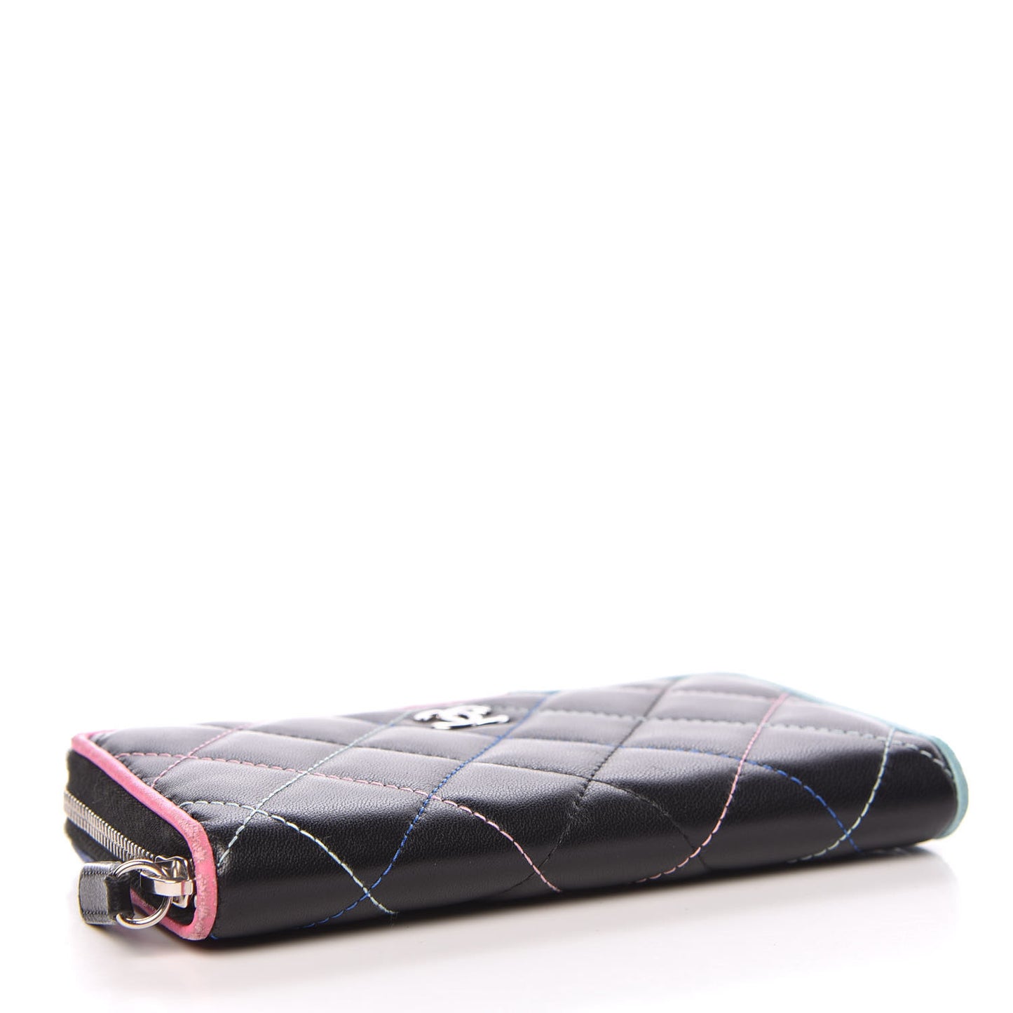 Lambskin Quilted Small Gusset Zip Around Wallet Black Pink Light Blue