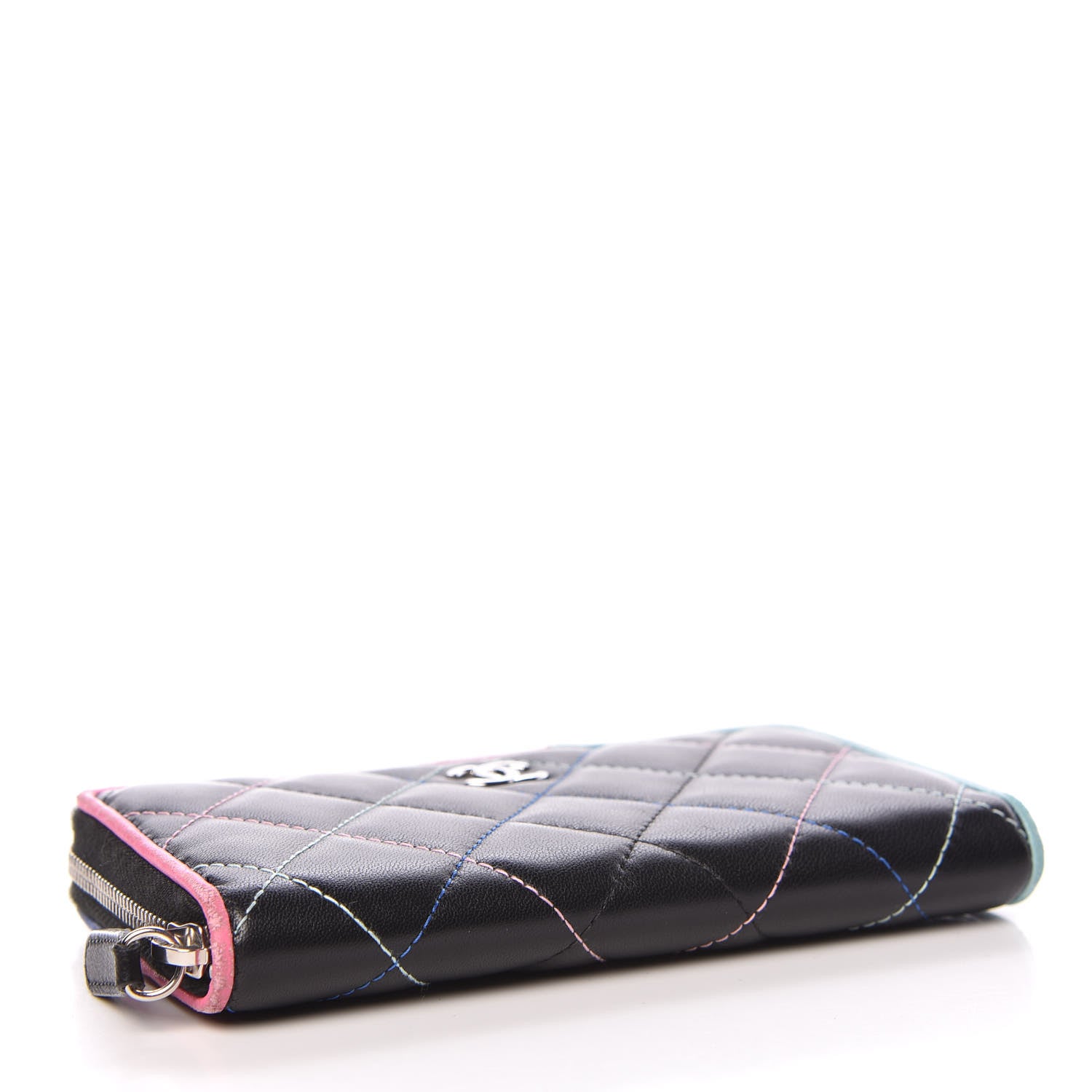 Chanel Lambskin Quilted Small Gusset Zip Around Wallet Black Pink Light Blue 4 of 15