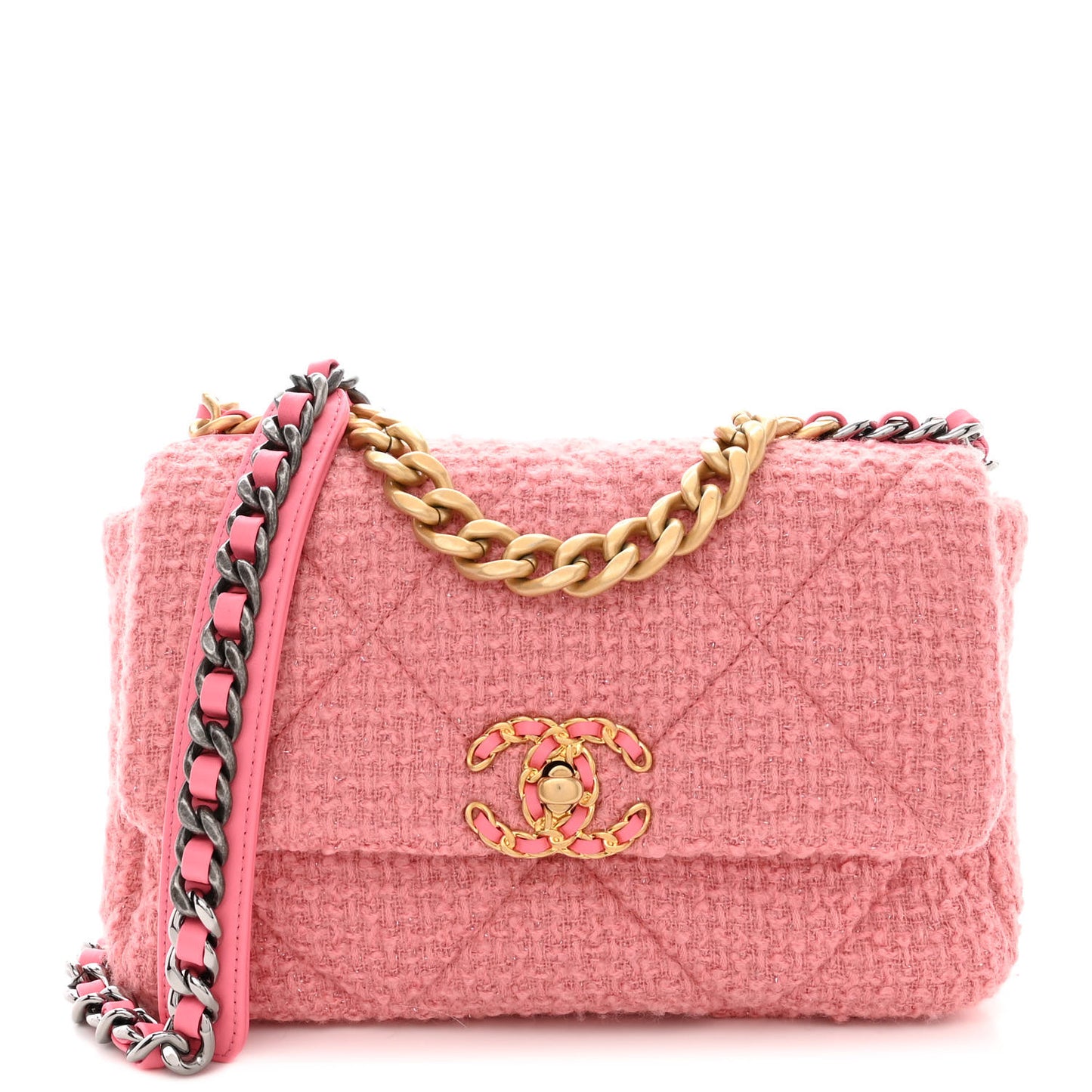 Metallic Tweed Quilted Medium Chanel 19 Flap Pink