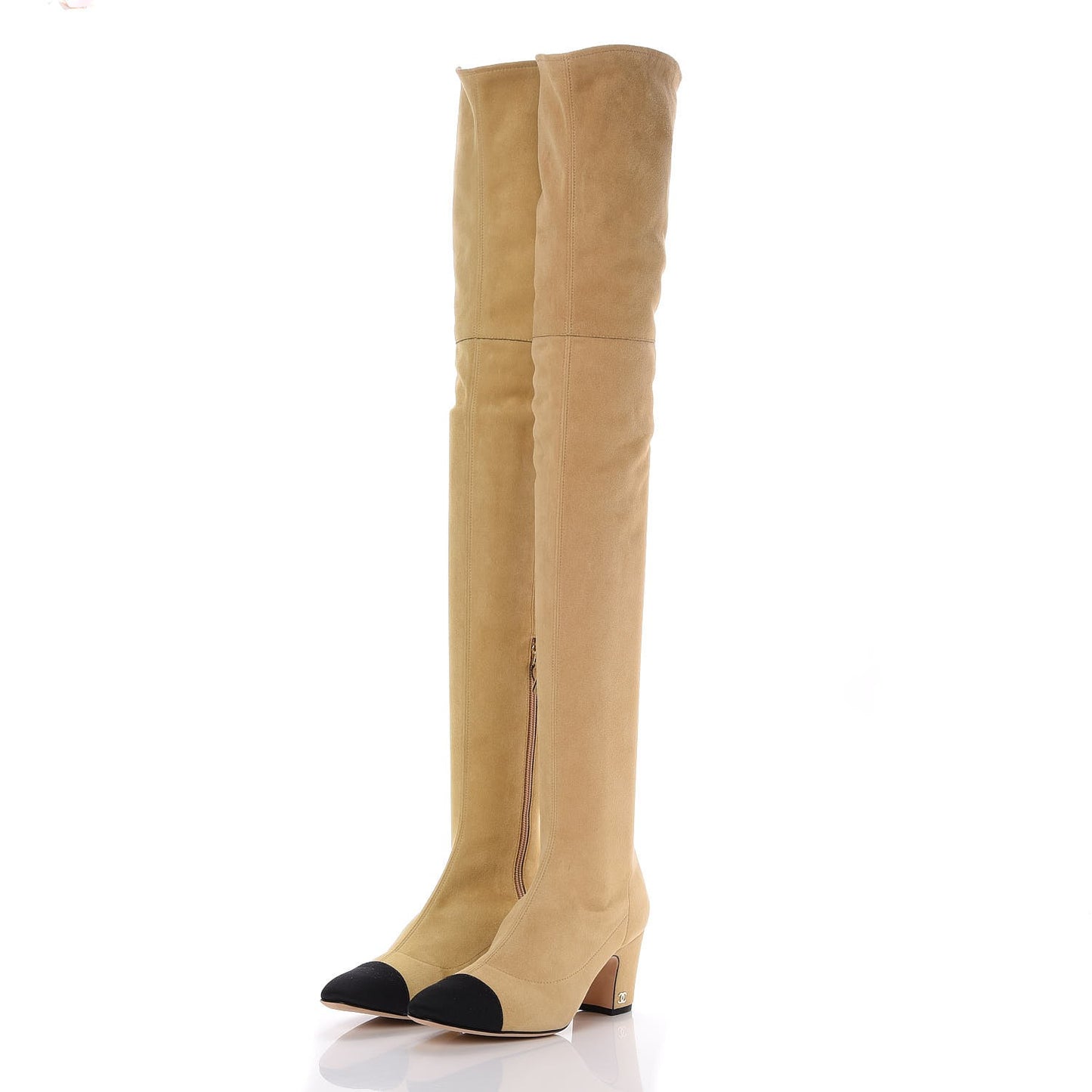 Suede Lambskin Grosgrain Stretch Cap Toe Over The Knee Boots 37.5 Beige Black