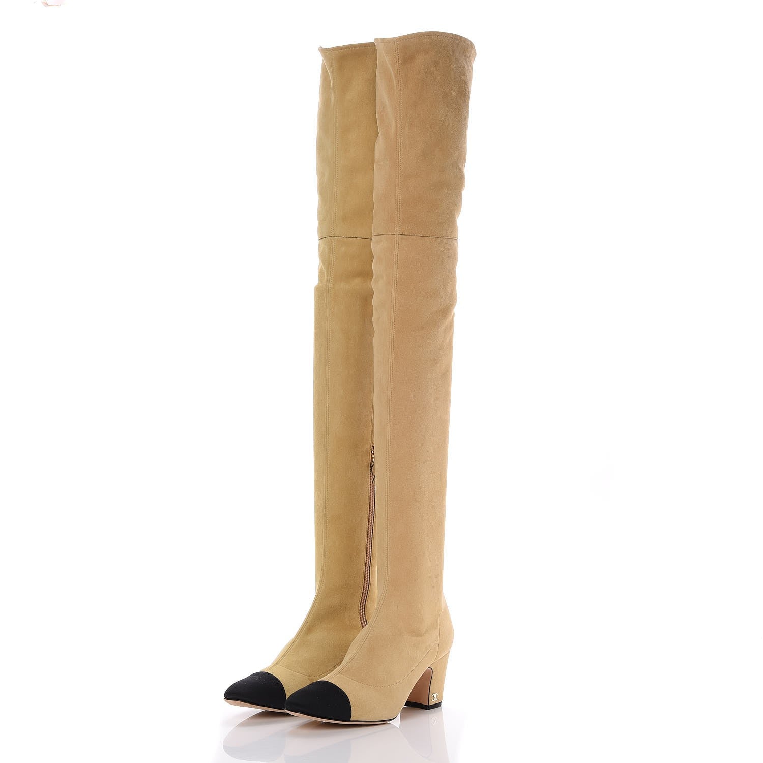 Chanel Suede Lambskin Grosgrain Stretch Cap Toe Over The Knee Boots 37.5 Beige Black 3 of 7