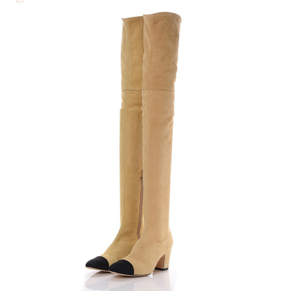 Chanel Suede Lambskin Grosgrain Stretch Cap Toe Over The Knee Boots 37.5 Beige Black 3 of 7