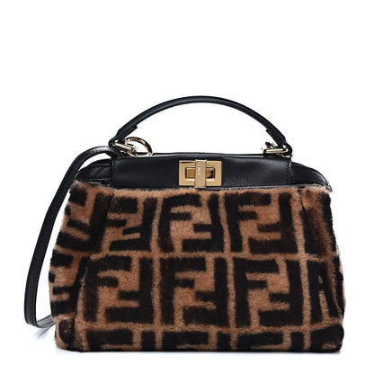 Fendi Shearling Nappa Macro FF 1974 Mini Peekaboo Iconic Satchel Tobacco Black 1 of 8