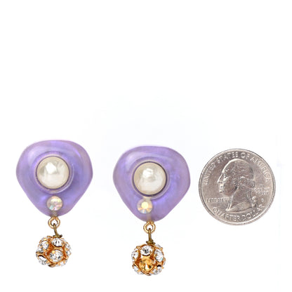 Chanel Resin Crystal Pearl Drop Clip On Earrings Gold Purple 2 of 4