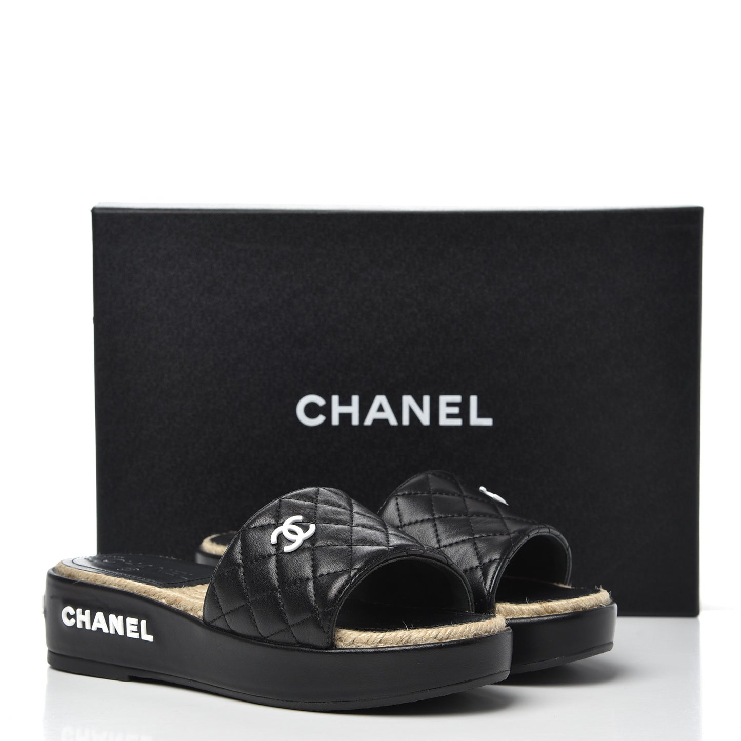 Lambskin Quilted CC Espadrille Slip On Sandals 35 Black