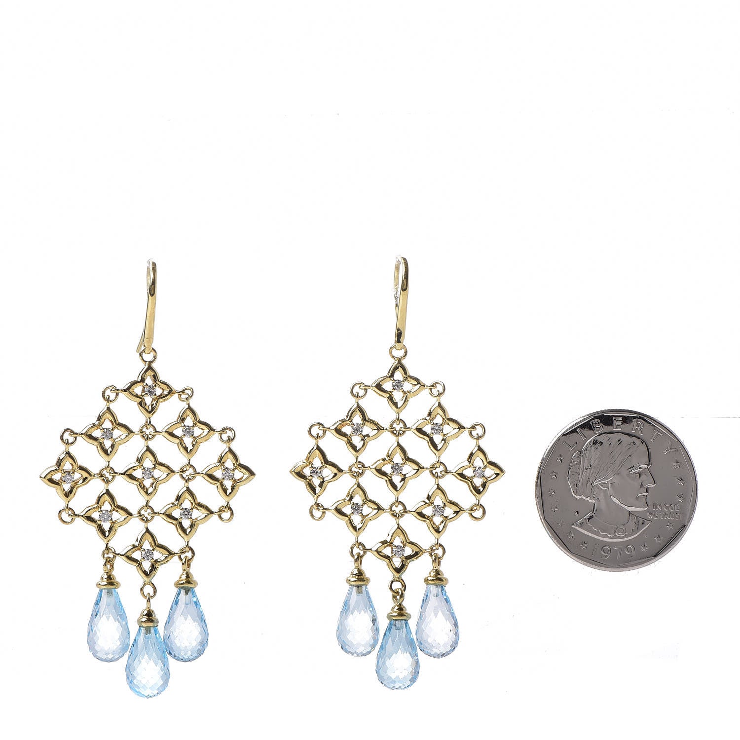 David Yurman 18K Yellow Gold Diamond Blue Topaz Quatrefoil Drop Earrings 2 of 5