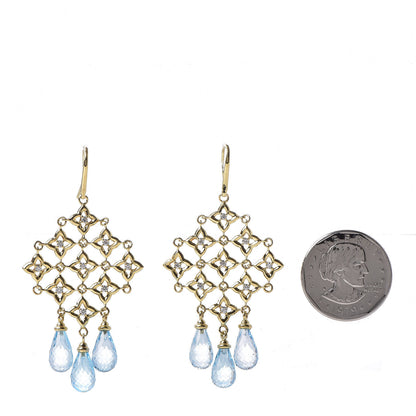 David Yurman 18K Yellow Gold Diamond Blue Topaz Quatrefoil Drop Earrings 2 of 5