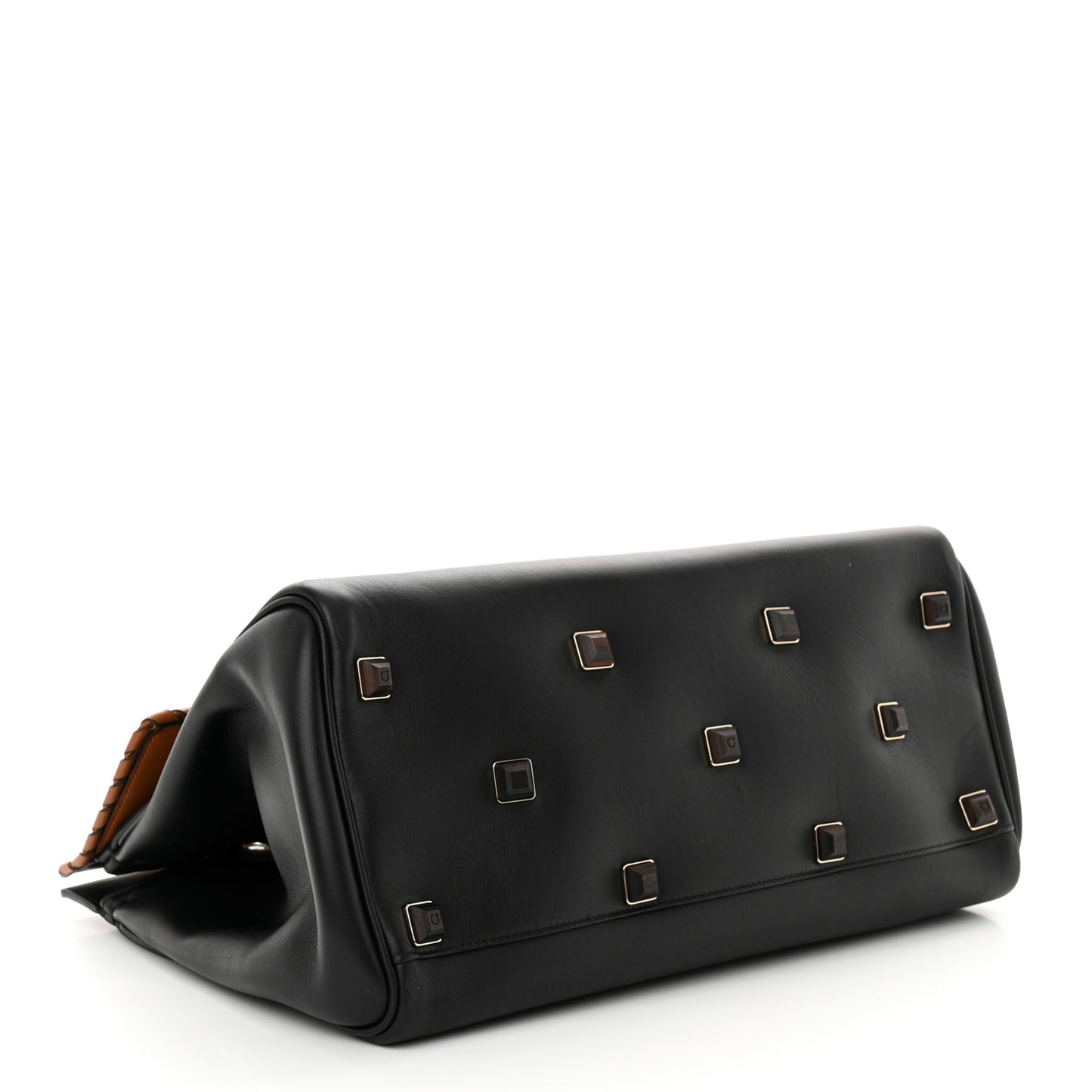 Calfskin Woven Large Studio Top Handle Bag Tan Black