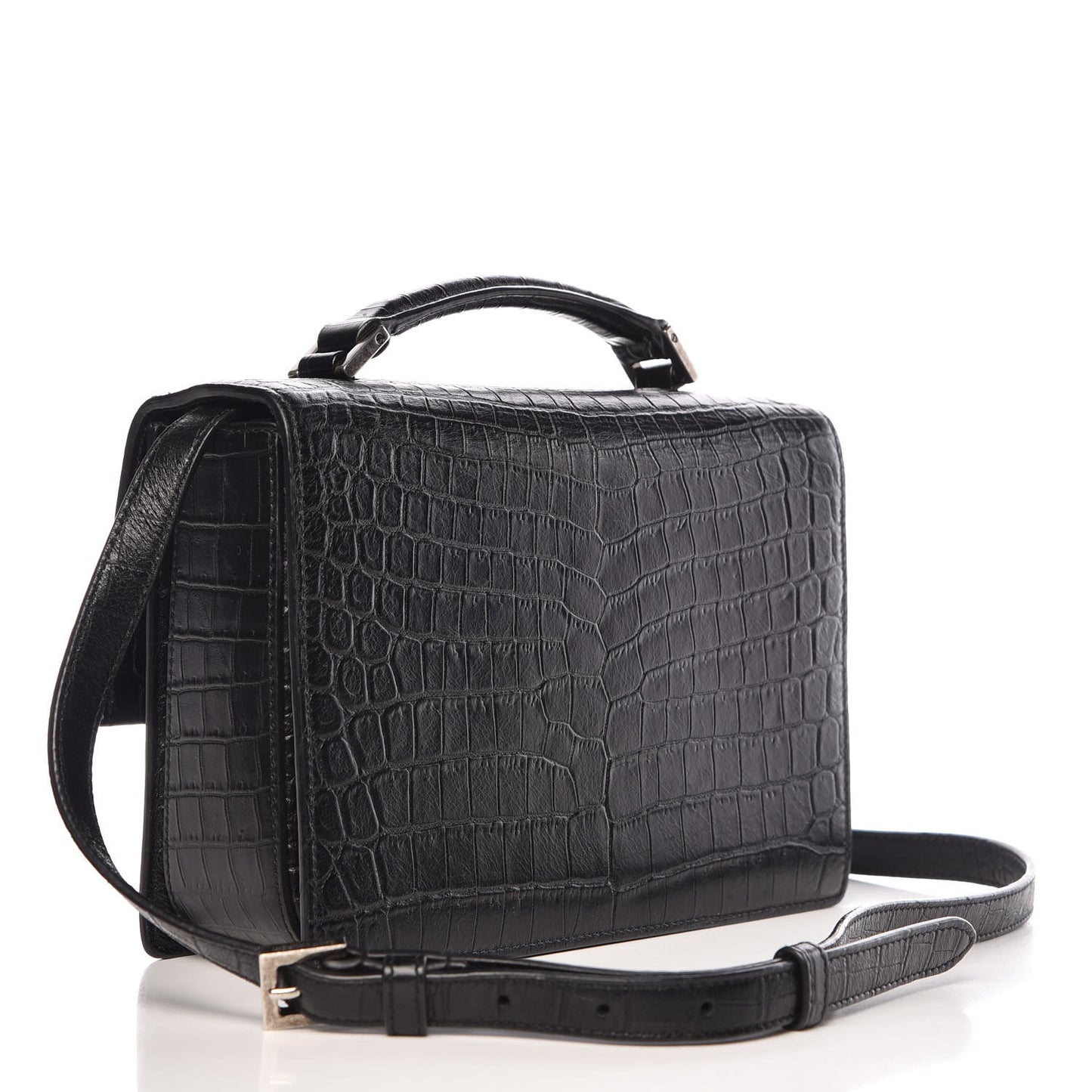 Calfskin Crocodile Embossed Medium Bellechasse Satchel Matte Black