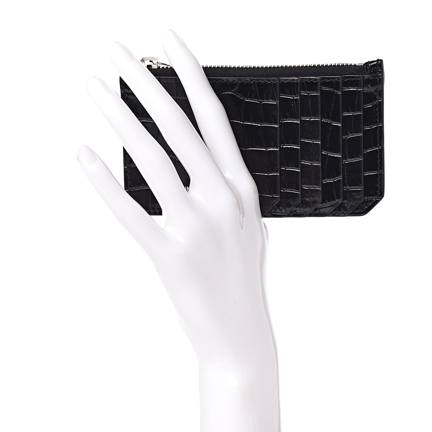Saint Laurent Calfskin Crocodile Embossed 5 Fragments Zip Pouch Card Holder Black 2 of 8