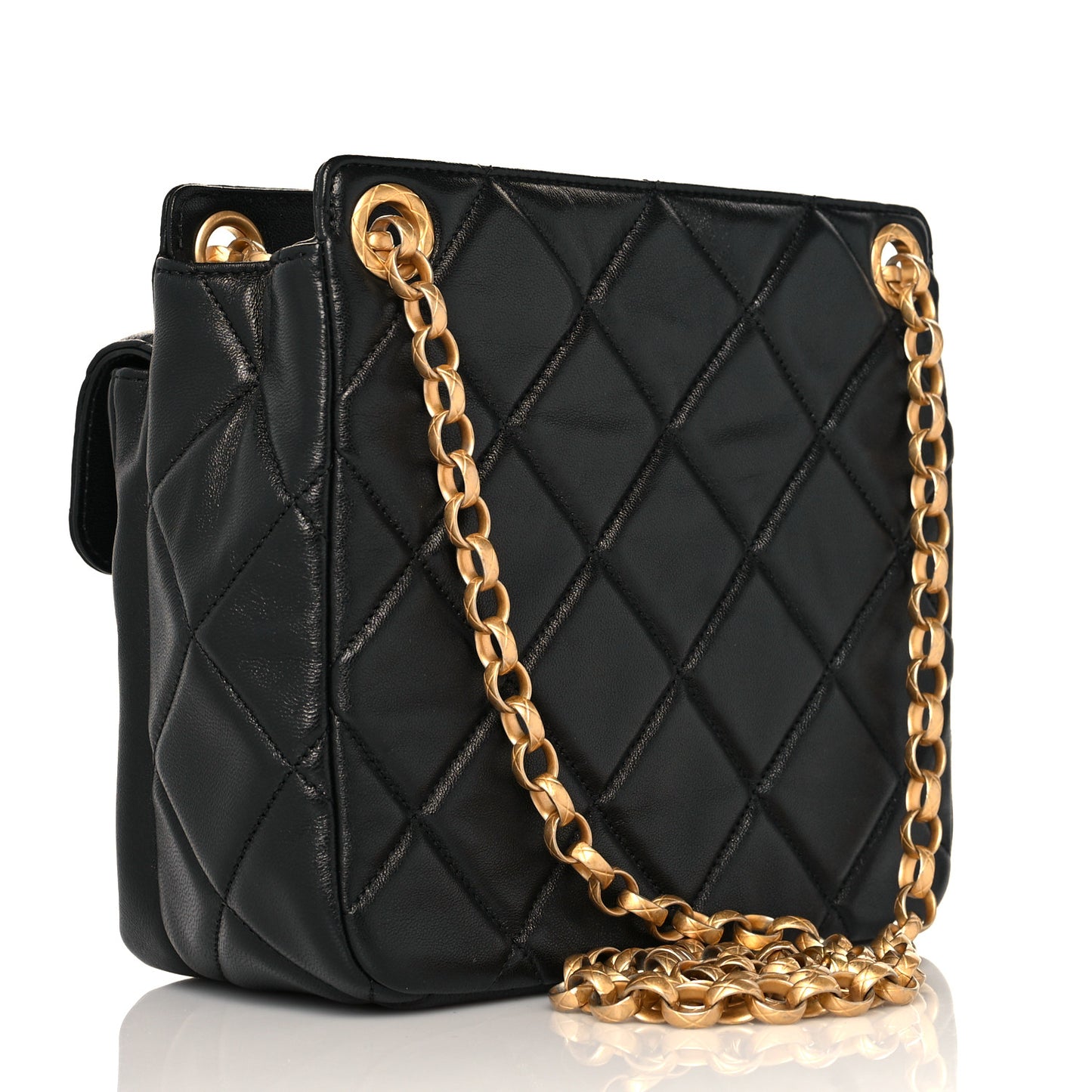 Lambskin Quilted Small Drawstring Shopping Bag With Flap Black