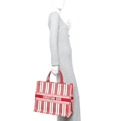 Christian Dior Canvas Embroidered Mykonos Large Striped Book Tote Red 2 of 11
