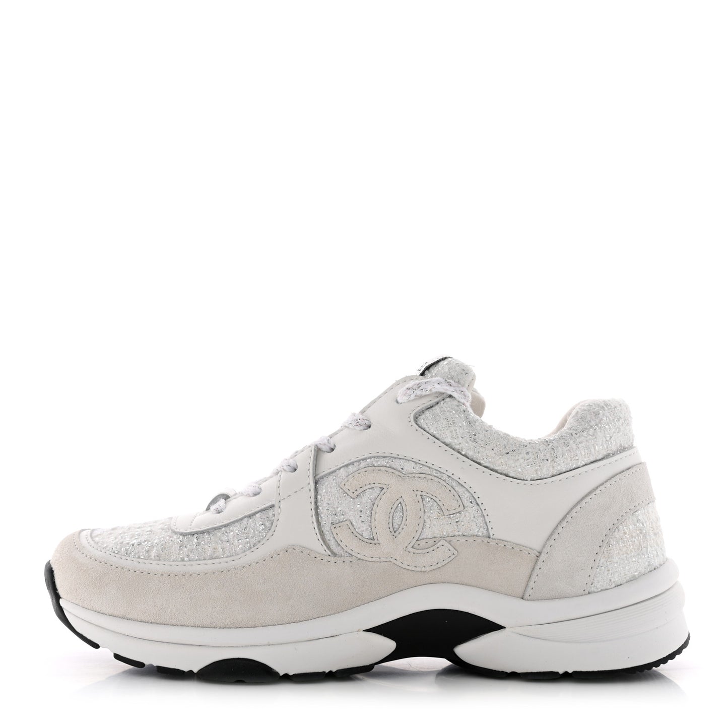 Painted Iridescent Cotton Tweed Suede Calfskin Womens CC Sneakers 37.5 White Silver Multicolor